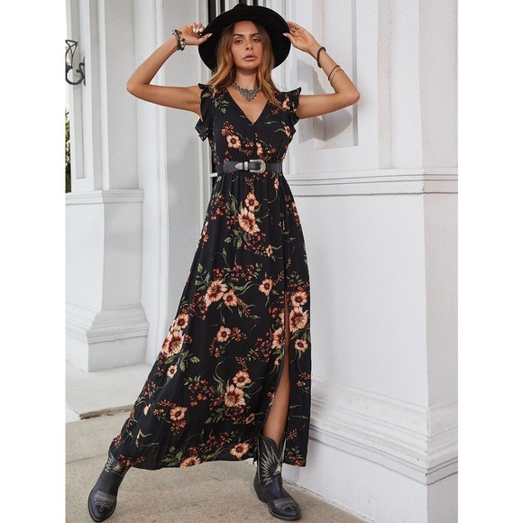 boho Floral Print Ruffle Slit Thigh maxi Dress (Without Belt) rust orange - Picture 10 of 11